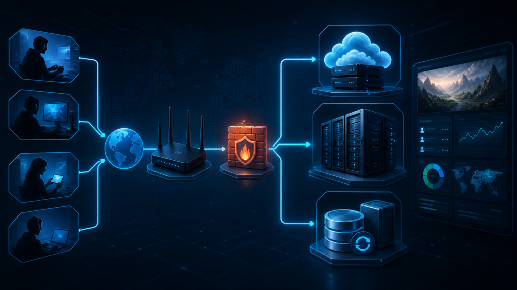 A futuristic private game server setup showing gamers connected through a router, firewall, cloud VPS, dedicated server rack, backup storage and monitoring dashboard.