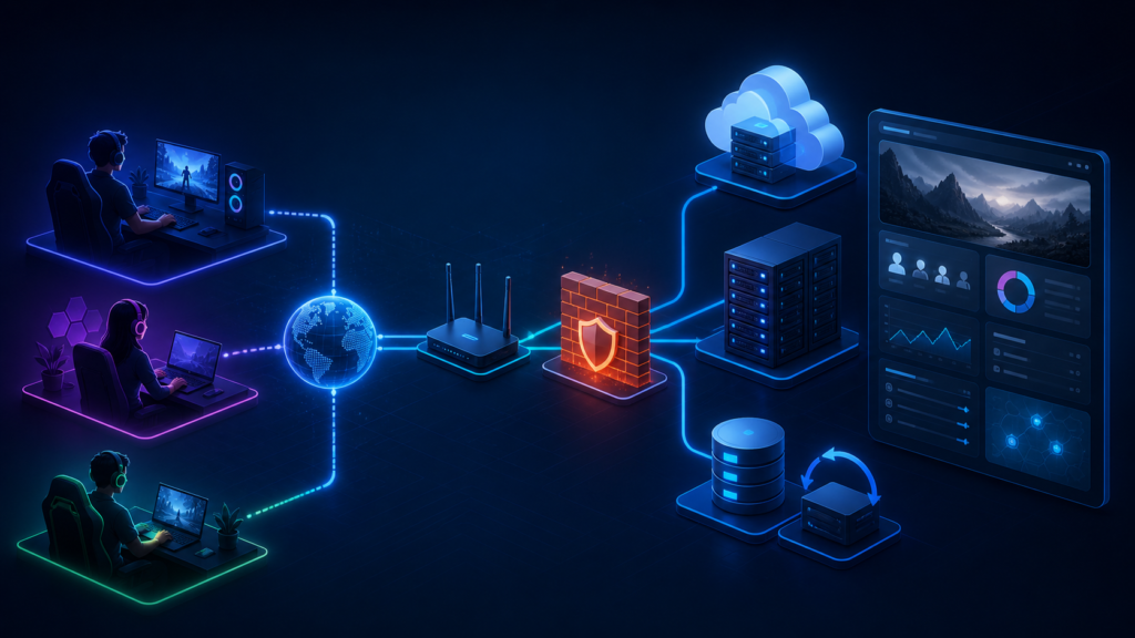A futuristic private game server setup showing abstract gamers connected through a router, firewall,